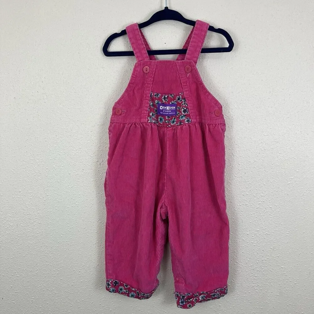 Oshkosh B’Gosh Vintage Overalls Pink Floral Corduroy Vestbak Baby Girl 18M
